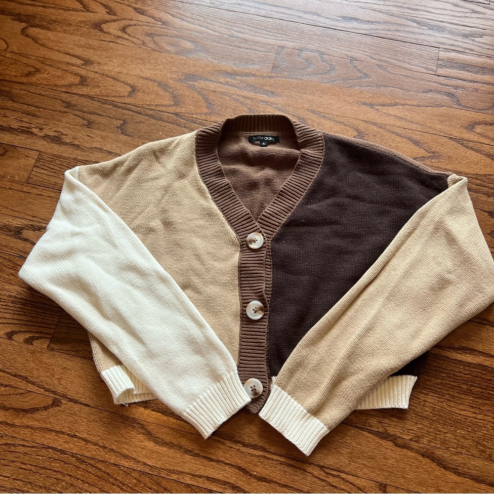 Papermoon Colorblock Cropped Cardigan - Brown, Tan & Cream